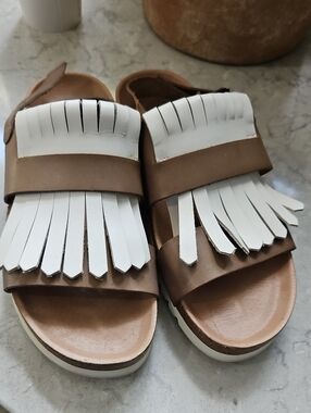 KMB Brown and White Fringe Slide Sandals - Women
